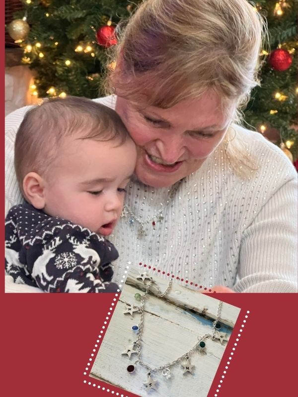 grandma wearing star charm birthstone necklace